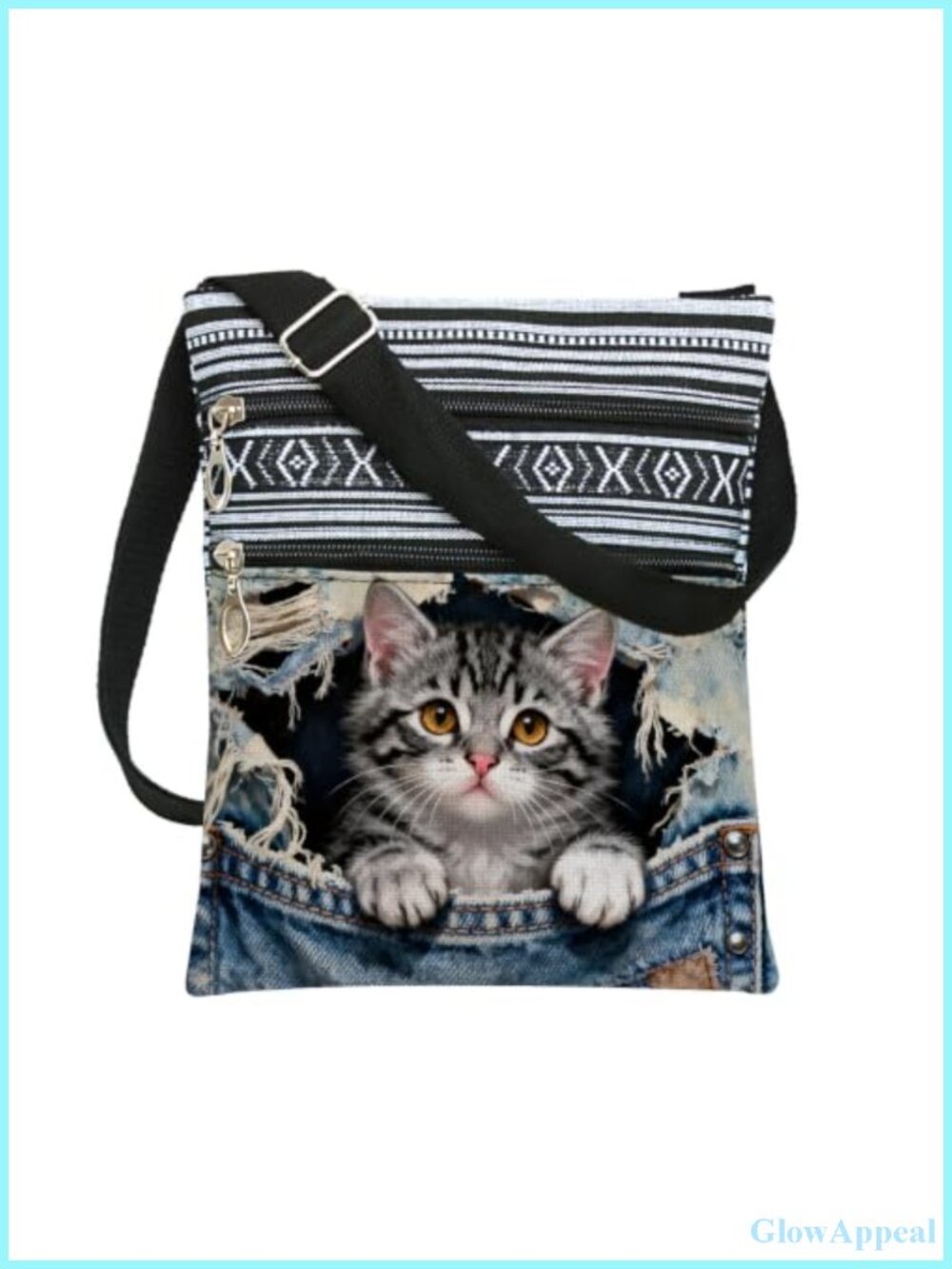 Cute Cat Crossbody Bag Denim Printed Polyester Adjustable Strap Multi Zipper